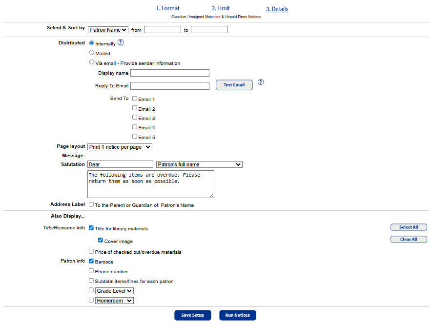Step 3 of Current Checkout Fines Report showing email option with notices selected.
